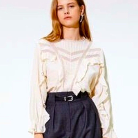 NWT IRO Paris Nea Blouse Ruffle Lace Trim Ecru XS Made in France MSRP $375 - Picture 3 of 6